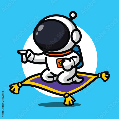 Cute Astronaut Riding Magic Carpet Illustration for Space Cartoon Character and Fantasy Adventure Concept