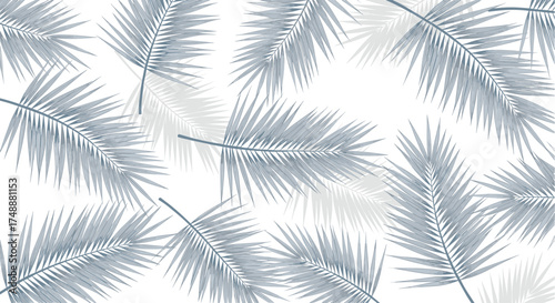A delicate pattern of light blue and gray palm fronds against a white background.
