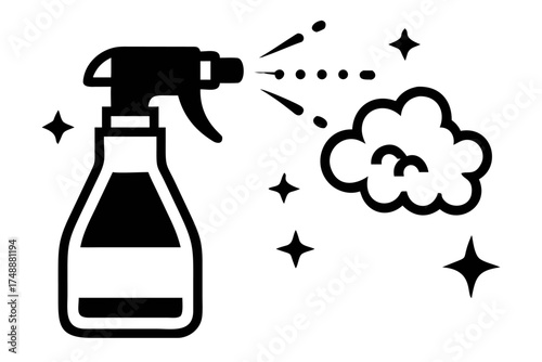 Spray bottle with cleaning product is spraying mist