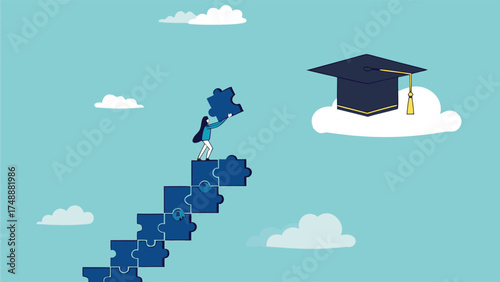 high education, success step to achieve higher education, cost to graduate high degree education, the way to achieve high education, people making ladder from puzzle going to graduation cap

