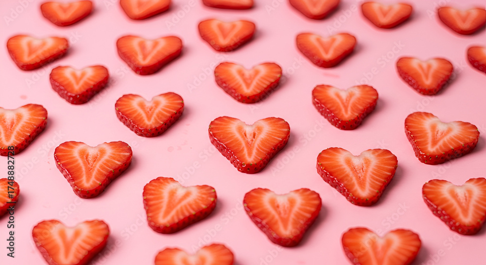 Fototapeta premium Creative pattern of strawberry slices forming heart shapes on pastel pink.
