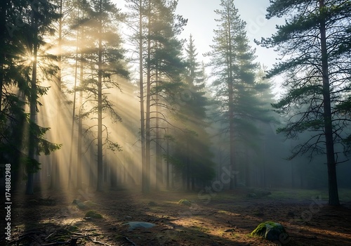 Sunbeams Illuminate a Misty Forest Landscape.