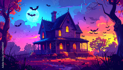 Haunted Victorian Mansion Under a Full Moon with Bats Flying at Sunset.