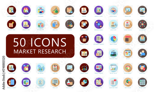 Market research rounded color icons pack. contain profit, customer, analysis, target, growth, target, demand, and more. Vector for print, digital UI, UX kit, web and app Trading, Business, Finance.