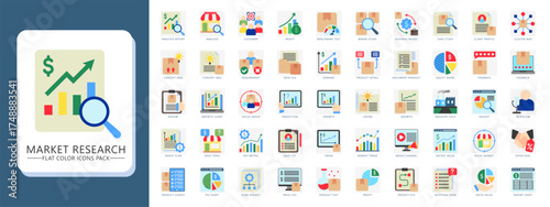 Market research flat color icons pack. contain profit, customer, analysis, target, growth, target, demand, market and more. Vector for print, digital UI, UX kit, web and app Trading, Business, Finance