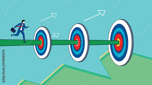 step to reach success or achievement, Short term, mid-term and long term goals, stages to achieve greater success, businessman running to short, medium and long term success target

