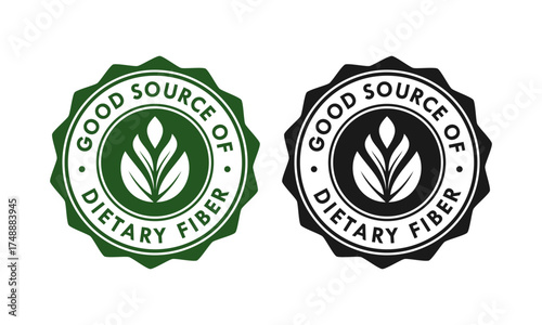 Green stamp icon for a good source of dietary fiber. Healthy, natural, and organic food label. Vector logo badge for product packaging. Isolated vector illustration