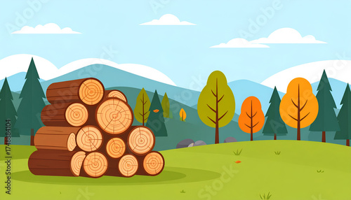 Stacked firewood logs in a beautiful cartoon forest landscape.