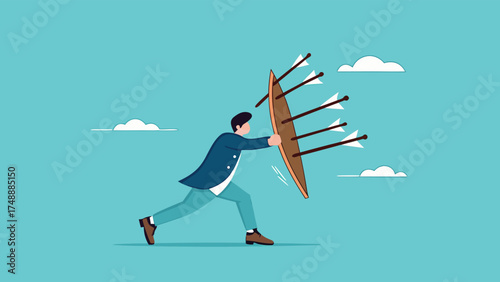 protection from threats, protects from Cyber ​​Threats to Businesses growth, protective shield company data security from cyber attacks, businessman uses a protective shield to ward off arrow attacks
