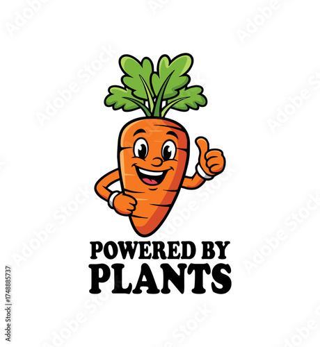 Vector art of cartoon carrot character giving thumbs up, powered by plants
