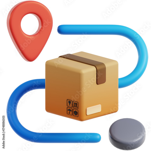 3D Rendered Delivery Box with Location Pin and Route Illustration