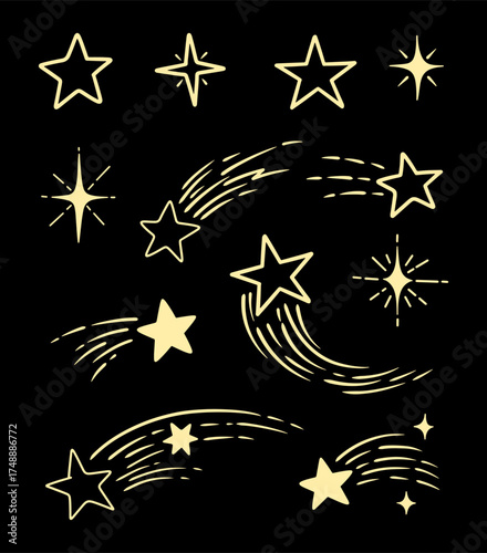 Hand-Drawn Gold Stars and Shooting Stars Doodle Elements on Black Background