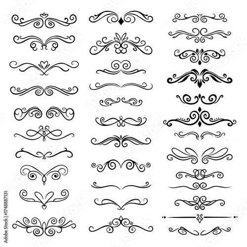 Set of Black Hand-Drawn Elegant Flourishes and Swirl Dividers for Text Design