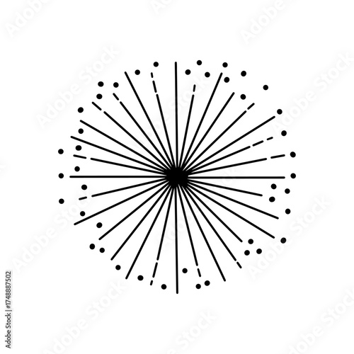 Abstract Minimalist Black Dandelion or Sunburst Lines and Dots Graphic Element