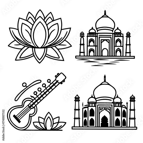 Indian Culture and Heritage Line Art – Lotus, Taj Mahal, and Sitar Vector Illustration