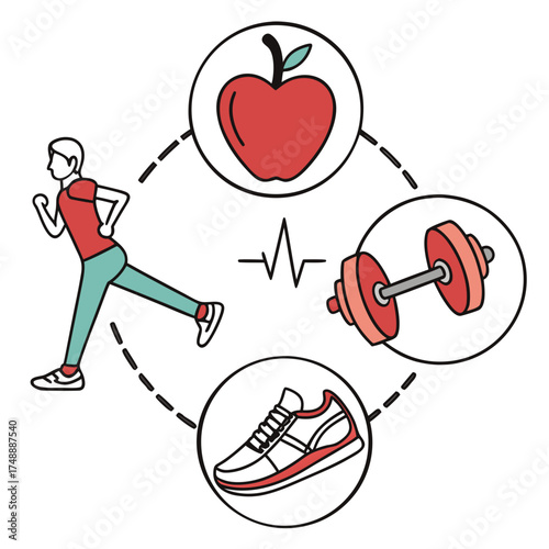 Health and Fitness Line Vector – Running, Exercise, and Nutrition Concept
