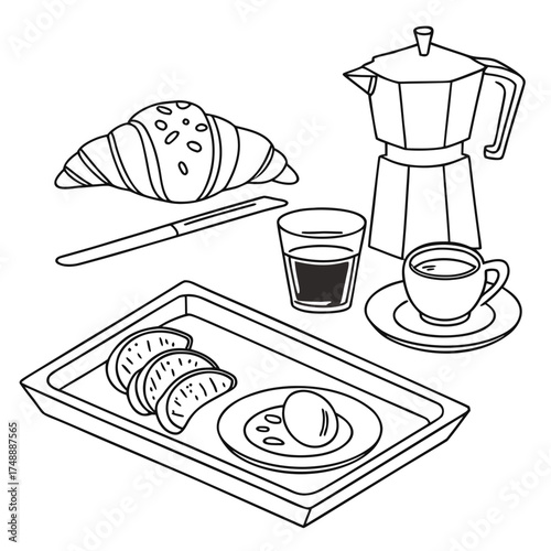 Continental Breakfast Outline Vector – Coffee, Croissant and Toast Illustration
