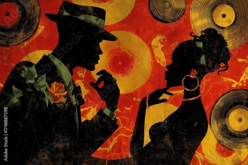 Retro pop art of a romantic Black couple with vinyl records. generated by AI