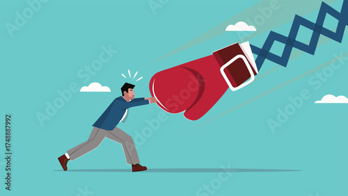 Business threat or problem, challenge or survive to win, survive and struggle to face business competition, defensive businessman using shield to face boxing glove with spring

