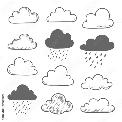 Hand-Drawn Doodle Sketch Clouds and Raindrops Set for Weather Forecast Design