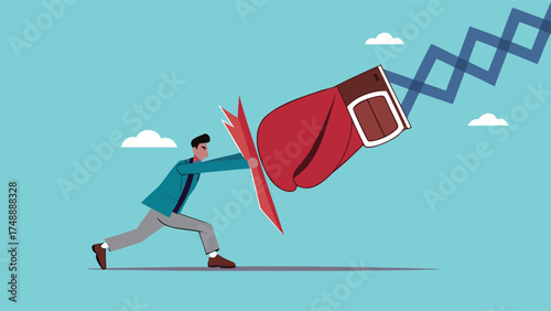 Business threat or problem, challenge or survive to win, survive and struggle to face business competition, defensive businessman using shield to face boxing glove with spring

