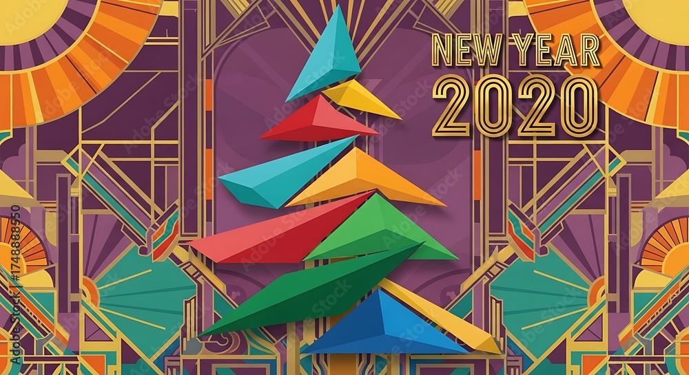 Fototapeta premium Festive New Year 2020 Art Deco Celebration with Geometric Christmas Tree.