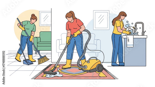 Colorful Minimalist Line Art Vector of People Doing Household Chores – Sweeping, Vacuuming, and Washing Dishes Illustration