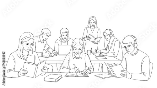Minimalist Line Art Vector of Students in Study Activities – Reading, Writing, and Laptop Work in Daily Learning Routine Illustration