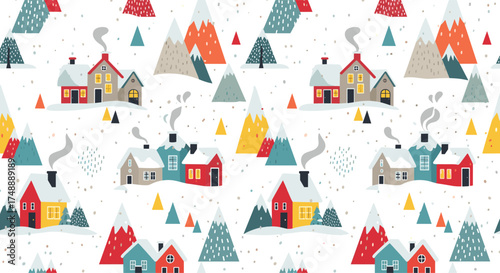 A charming pixel art winter village scene with snow covered houses and mountains.