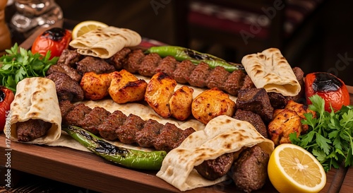 Delicious Mixed Kebab Platter with Grilled Vegetables and Flatbread.