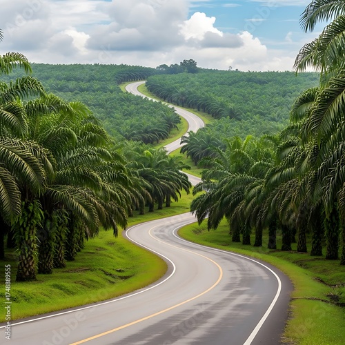 Scenic Road Through Palm Oil Plantation in Malaysia.