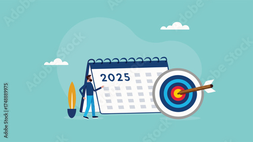 2025 new business target, new year resolutions success plan or career achievement concept vector illustration, businessman carrying pencil with calendar and target board illustration

