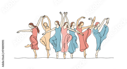 A graceful dance of young women in colorful flowing dresses performing various ballet poses together.