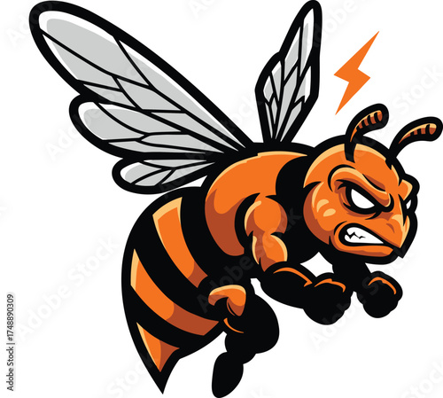 Angry bee mascot, cartoon hornet, flying insect, clenched fists, lightning bolt, aggressive pose, sports emblem, vector