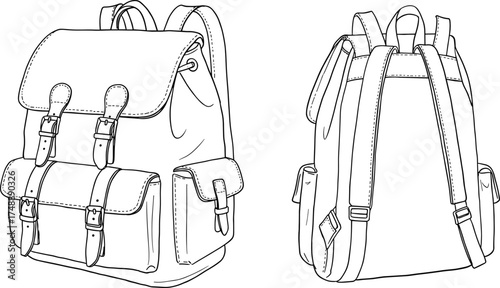 Backpack technical sketch, front and rear view, buckle strap details, CAD drawing, flat vector illustration, fashion accessory, outdoor gear, travel bag