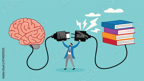 read books to learn new lessons, literature or intelligence information, improve literacy and numeracy skills, woman connect plug with stack of book with human brain concept vector illustration

