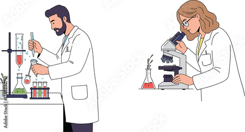 Scientists in lab, chemical experiment, microscope analysis, research process, biology study, laboratory tools, teamwork, white coat