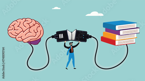 read books to learn new lessons, literature or intelligence information, improve literacy and numeracy skills, woman connect plug with stack of book with human brain concept vector illustration

