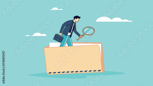 Document, search or file archive, office contract concept, research papers or documentation files, company documents archive, businessman looking for files in a document file using a magnifying glass
