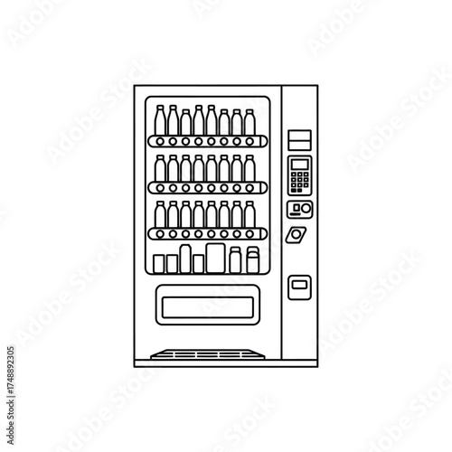Line art illustration of a classic beverage vending machine filled with bottles