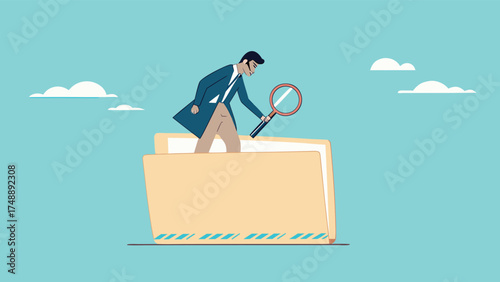 Document, search or file archive, office contract concept, research papers or documentation files, company documents archive, businessman looking for files in a document file using a magnifying glass
