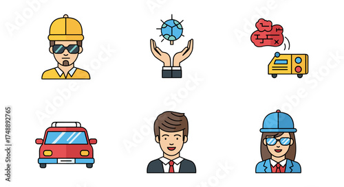 Business icon set with professional people avatars, transport, and global concepts. Vector collection of flat line icons for industry, logistics, and corporate work.