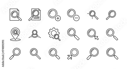 Magnifying glass line icon collection. Vector set for search, find, zoom, and analysis concepts. Includes document, location pin, and settings gear symbols for UI and UX design.