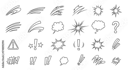 Comic speed lines, burst, explosion effects, speech bubbles, exclamation and question marks. Pop art comic style graphic design elements for dynamic action and emphasis.