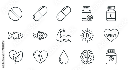 Health supplements and vitamins line icon set. Nutrition for fitness, bodybuilding and healthy lifestyle. Vitamin C, D, whey protein, fish oil, omega 3, pills, capsules. Muscle, heart, brain.