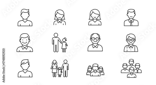 People and family line icons set. Man, woman, child, and senior avatars. Vector symbols for group, community, teamwork, and social relationships. For UI, website, and app design.