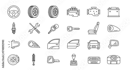 Automotive Parts Icons Set Line Art. Vector Collection of Car Parts, Vehicle Accessories and Mechanical Components Including Steering Wheel, Tire, Engine, Battery, Tools, Headlight, Door, Key
