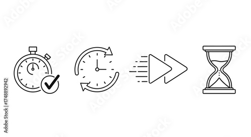 Stopwatch timer checkmark, circular clock arrow, fast forward motion, hourglass sand timer. Time management concept, speed deadline efficiency icons, productivity schedule symbols. Outline vector set.