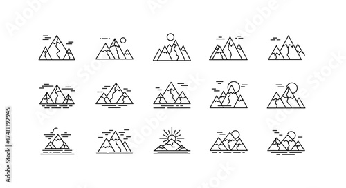 Mountain line icon set. Minimalist peak & summit symbols for logo. Nature landscape for travel & adventure concepts. Linear outline vector graphic collection with sun & moon.