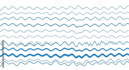 Collection of blue wavy lines and squiggly stripes. Vector graphic set with different thin and thick curve styles. Abstract water, ocean, and sea wave patterns for backgrounds or borders.